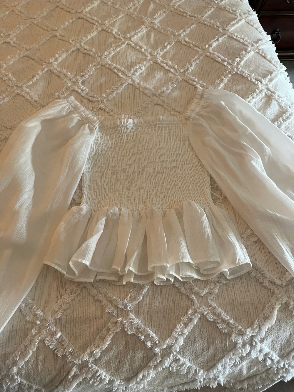 Lulu's White Smocked Puff Sleeve Peplum Blouse